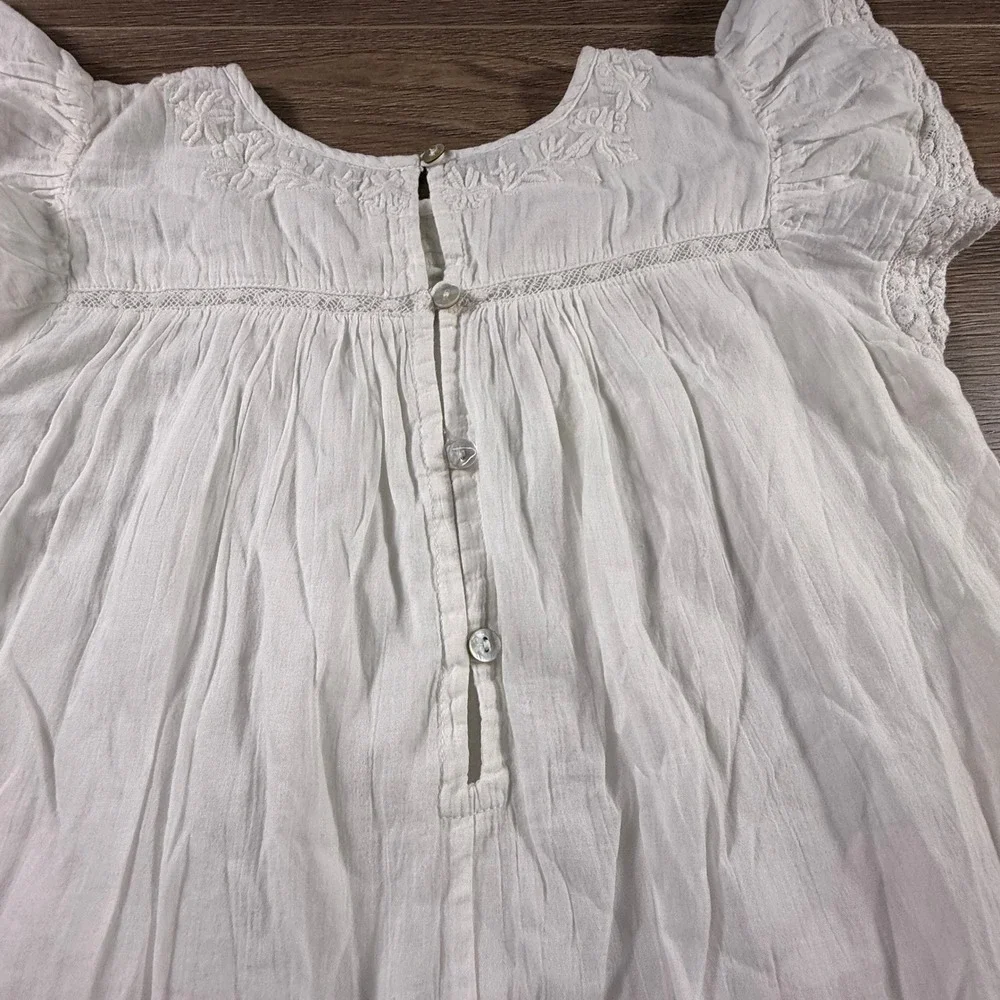 LoveShackFancy White Cotton Embroidered Lace Flutter Sleeve Dress Girls 7-8Y